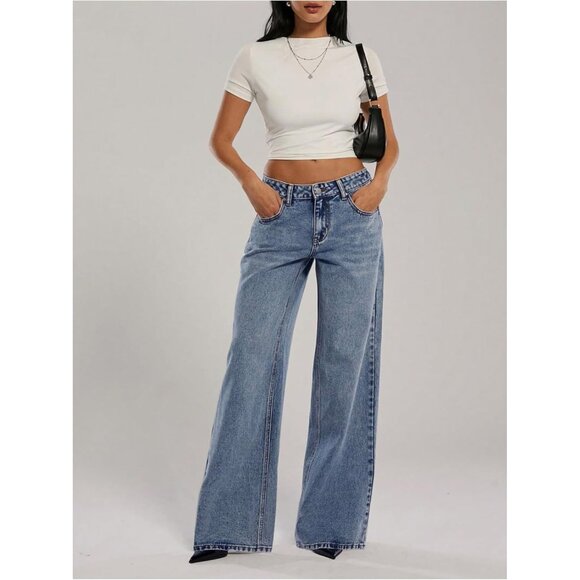 Women's Low Rise Baggy Jeans Soft Denim Wide Leg Y2K Casual Streetwear - Picture 4 of 5